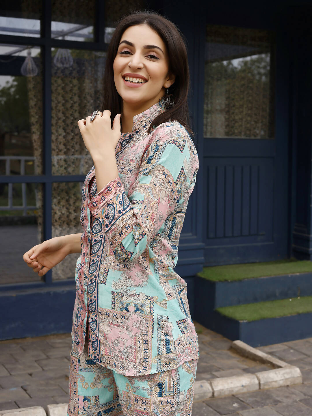 Pink & Blue Rayon Paisley Printed Top with Matching Bottom - Eesha | Grocsy