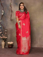 Joban Fashion Red Floral Motifs Banarasi Silk Sarees | Grocsy