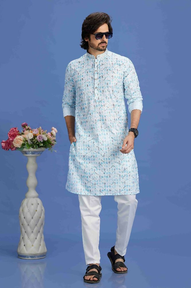 Raivat Ethnic Cotton Embroidery Kurta Pajama In Sky Blue Colour | Grocsy