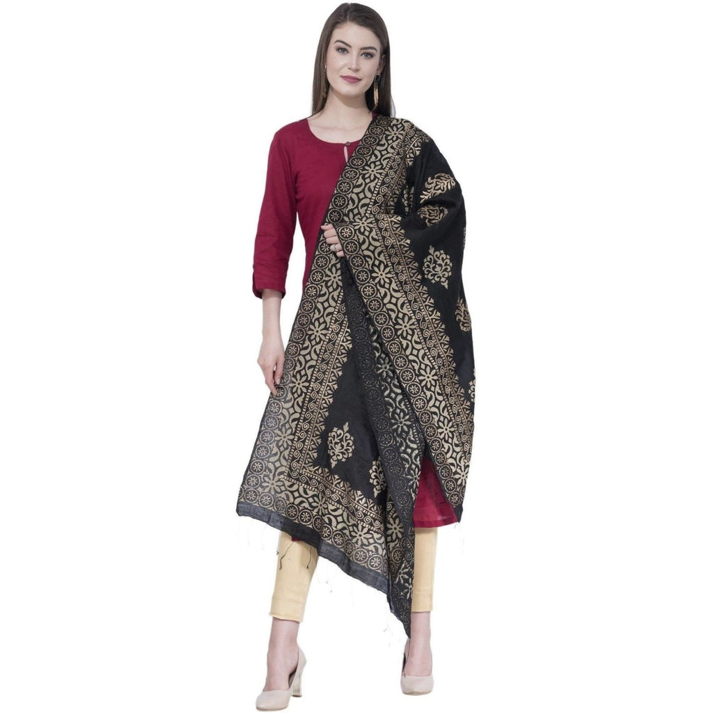 A R Silk Black Color Chanderi Gold Print Dupattas and Chunnis | Grocsy