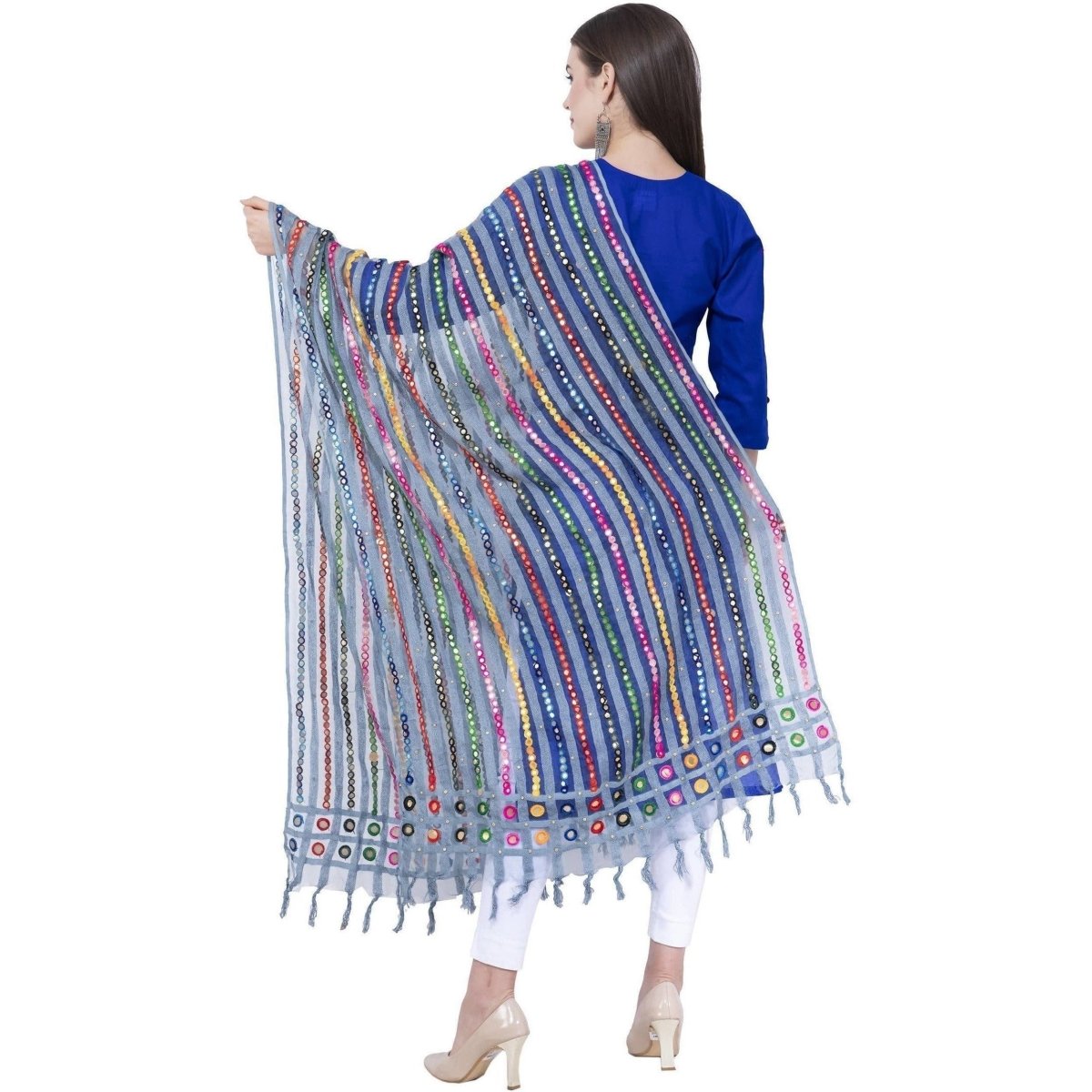 A R Silk Light Firozi Color Multi stripe Orgenza Cotton Dupattas and Chunnis | Grocsy