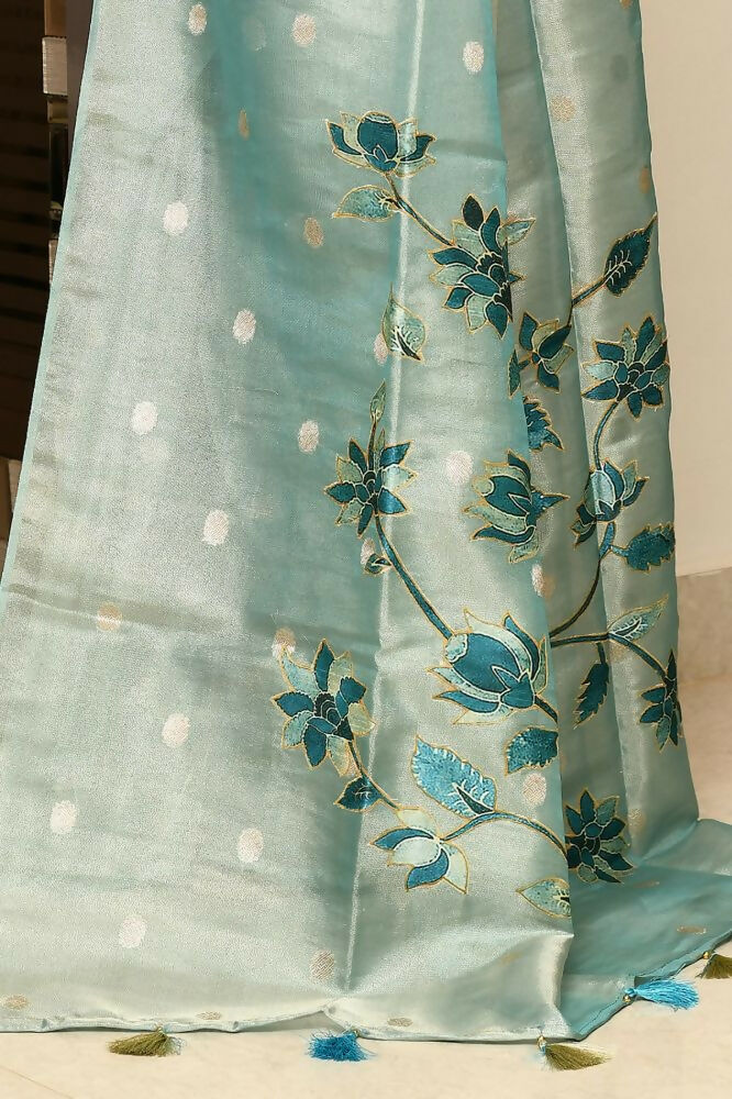 Joban Fashion Firozi Saree Tissue Zari Buti Anchal Applick With Contrast Blouse | Grocsy