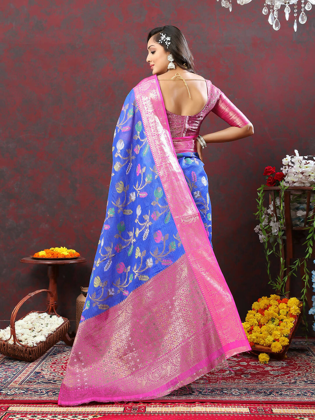 Lorenvalley Fashion Blue Cotton Woven Design Zari Meenakari Weaving Saree | Grocsy