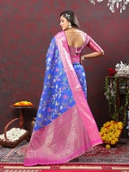 Lorenvalley Fashion Blue Cotton Woven Design Zari Meenakari Weaving Saree | Grocsy