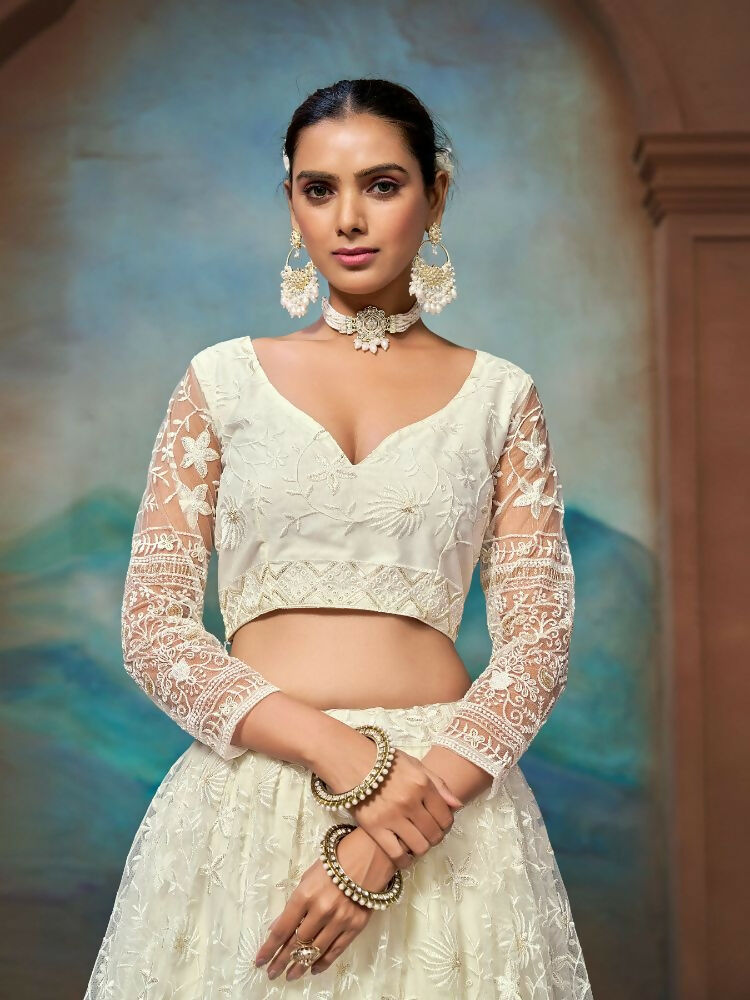 White Net Thread Sequence Embroidery Lehenga Choli - Jihu Culture | Grocsy
