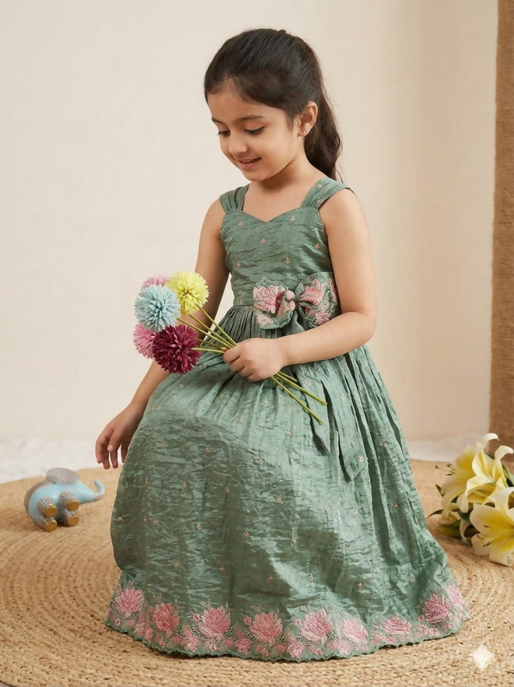 Teeya Creation New Kids Girls Premium Lavender Crinkled Silk Ethnic Gown with Floral Border and Waist Bow Accent | Grocsy
