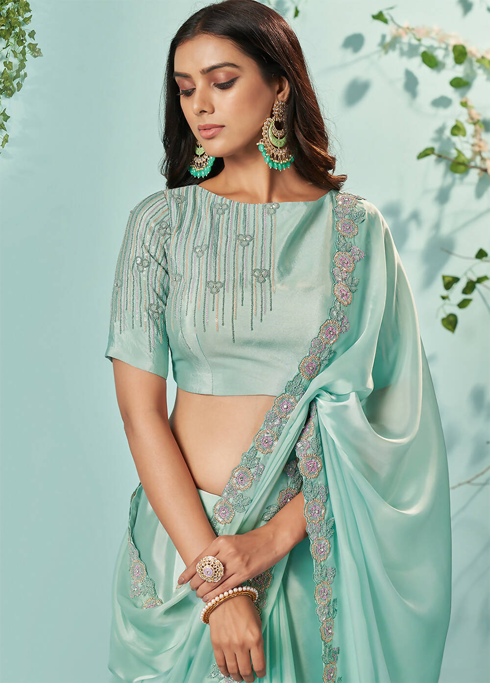 Sea Green Organza Silk Crepe Solid Saree With Unstitched Blouse Piece - Norita Ikshita | Grocsy