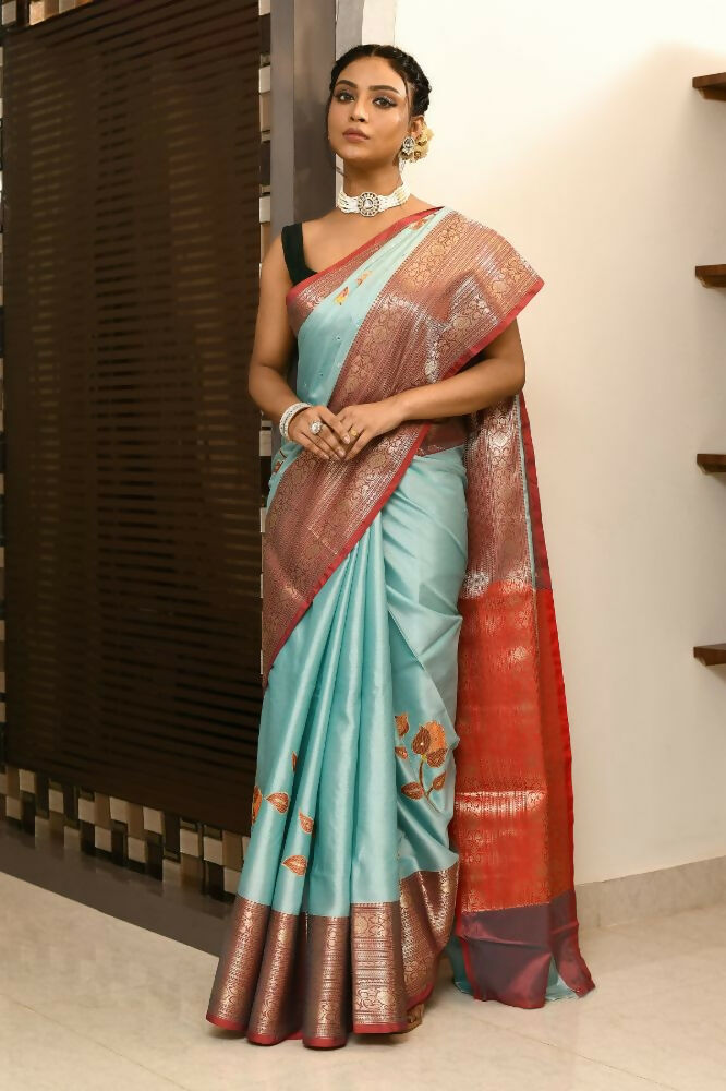 Joban Fashion CGren & Orange Saree Kataan Applick Witch Mirror | Grocsy