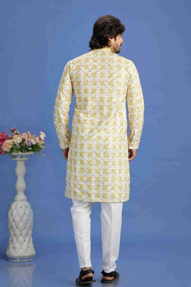 Raivat Ethnic Cotton Embroidery Kurta Pajama In Yellow Colour | Grocsy