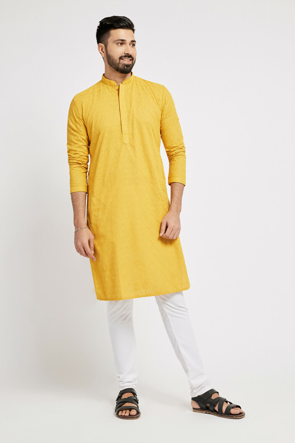 Ethnic India Yellow Men's Kurta Ethnic Motifs Cotton | Grocsy