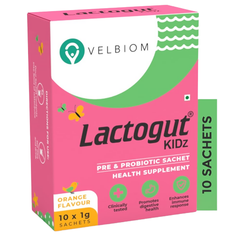 Velbiom Lactogut Kidz Probiotics Powder Sachets - Orange Flavor | Grocsy