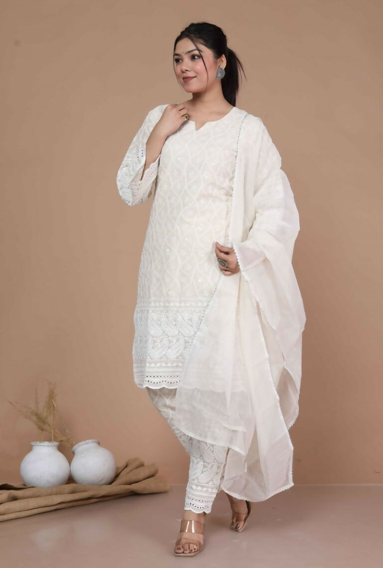 Miravan Women's Chikankari Cream Kurti Palazzo With Dupatta | Grocsy