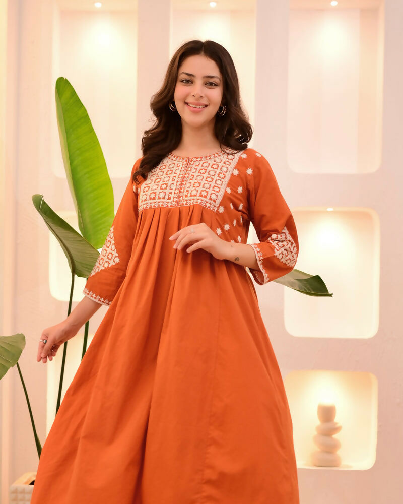 The52 Women's Beautiful Viscose Rayon Fabric Thread Work Flared Kurta Pant Set | Grocsy
