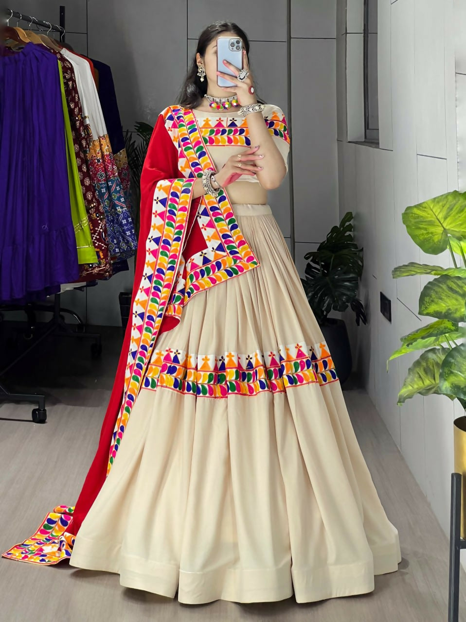 Yash Enterprise Cream Rayon Cotton Embroidery Semi Stitched Navratri Top Chaniya Choli | Grocsy