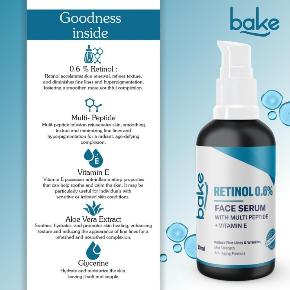 Bake 0.6% Retinol Mid Strength Face Serum With 2% Multi Peptide & Vitamin E | Grocsy