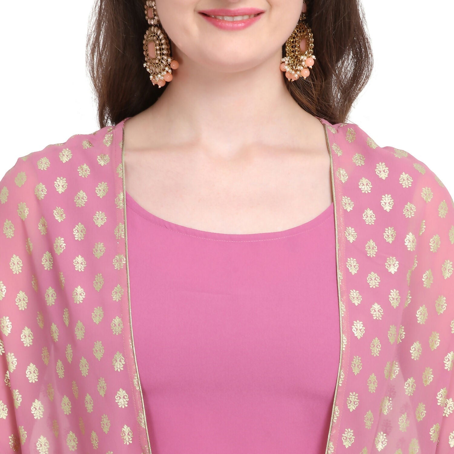 Vamika Crepe Rubber Print Pink Party Wear/Casual Wear/Office Wear Top Plazzo With Shrug | Grocsy