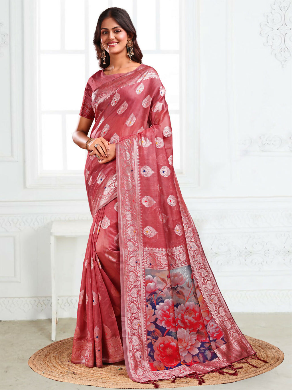 Shree Shyam Fashion Linen Cotton Rust Saree | Grocsy