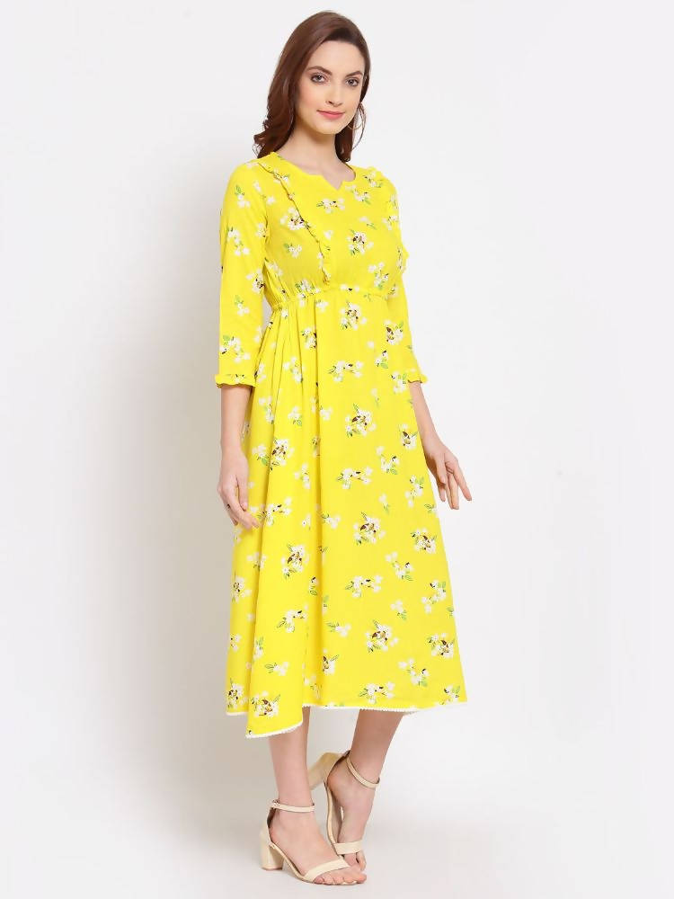 Myshka Women's Yellow Printed Cotton 3/4 Sleeve Round Neck Casual Dress | Grocsy