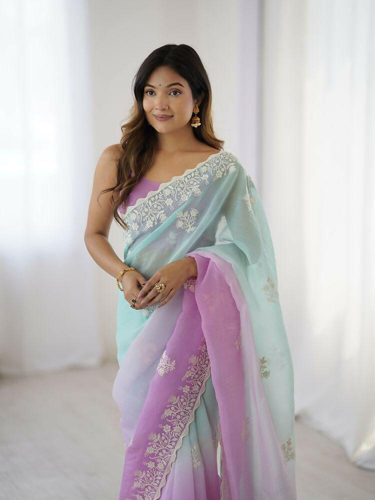 Purple Crunchy Silk Embroidery Work Party Wear Saree - Lakshita | Grocsy