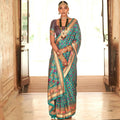 Turquoise Silk With Banarasi Print Work Saree - Trirath Yamuna | Grocsy