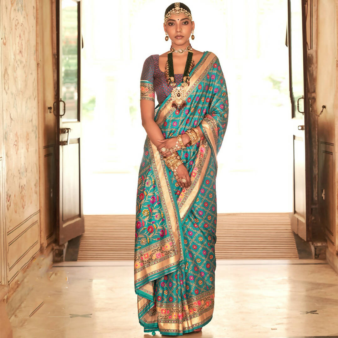 Turquoise Silk With Banarasi Print Work Saree - Trirath Yamuna | Grocsy