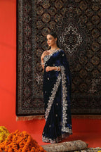 Vastranavya Designer Velvet Sequence & Zari Thread Embroidery work with border and Cutwork Saree - Navy Blue | Grocsy