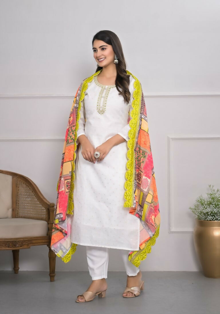 White Viscose Silk Embroidery with Thread and sequence Stitched Suit With Dupatta - Tanisha | Grocsy