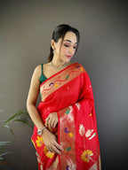 Joban Fashion Red Zari Woven Floral Motifs Soft Silk Paithani Silk Saree | Grocsy