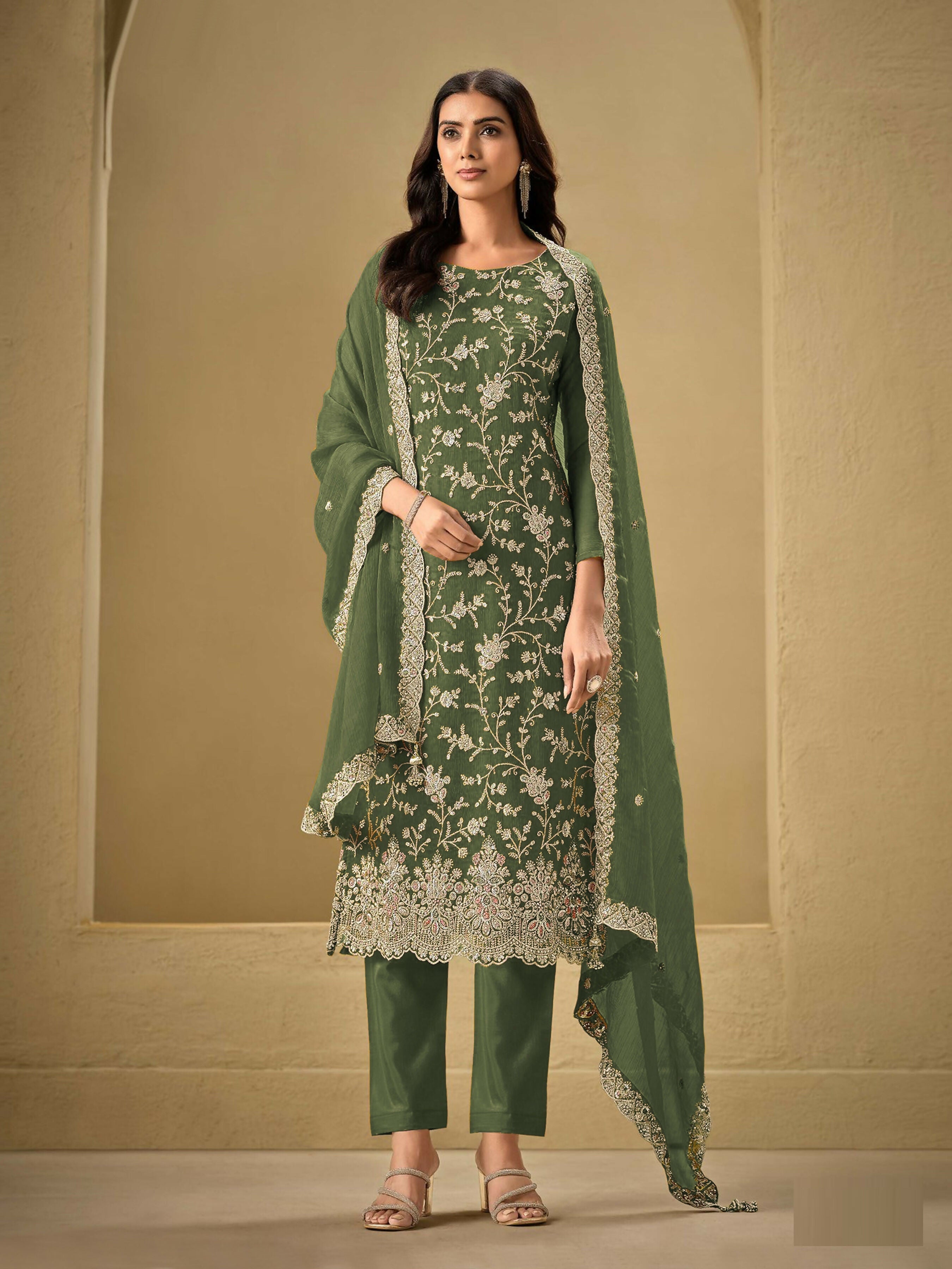Anaita Mehndi Embroidered Silk Stitched Salwar Suit | Grocsy