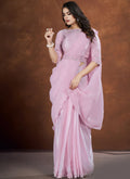 Light Purple Crepe Satin Silk Embroidered Saree with stitched Blouse - Mohmanthan Saha Saki | Grocsy