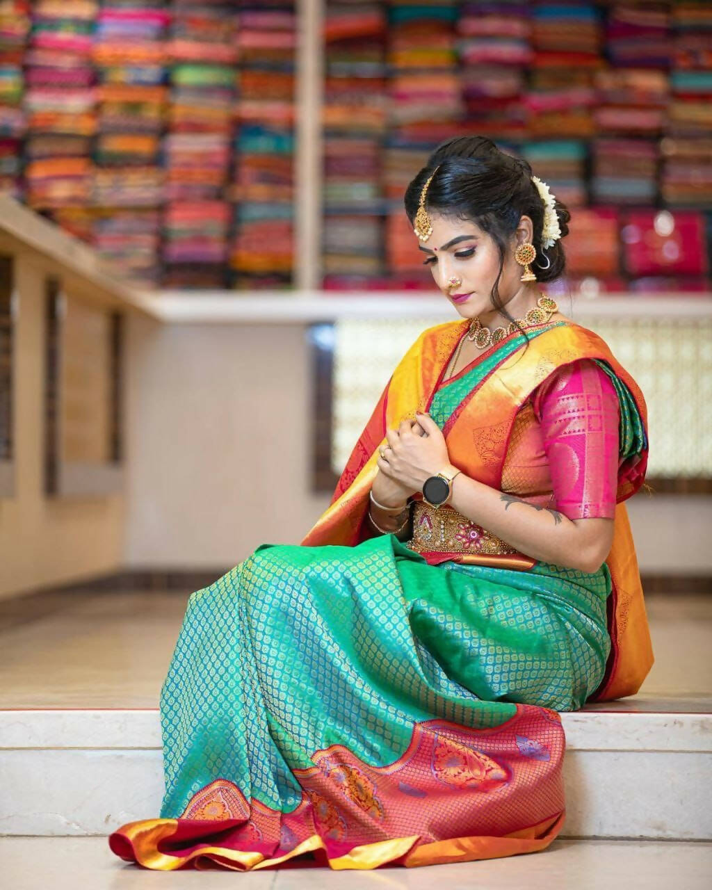 DEIANA'S Beautiful Designer Golden zari Soft Lichi Silk Saree - Bluue | Grocsy