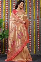 Jyoti Fashion Women's Peach Paithani Silk Zari Woven Saree with Blouse | Grocsy