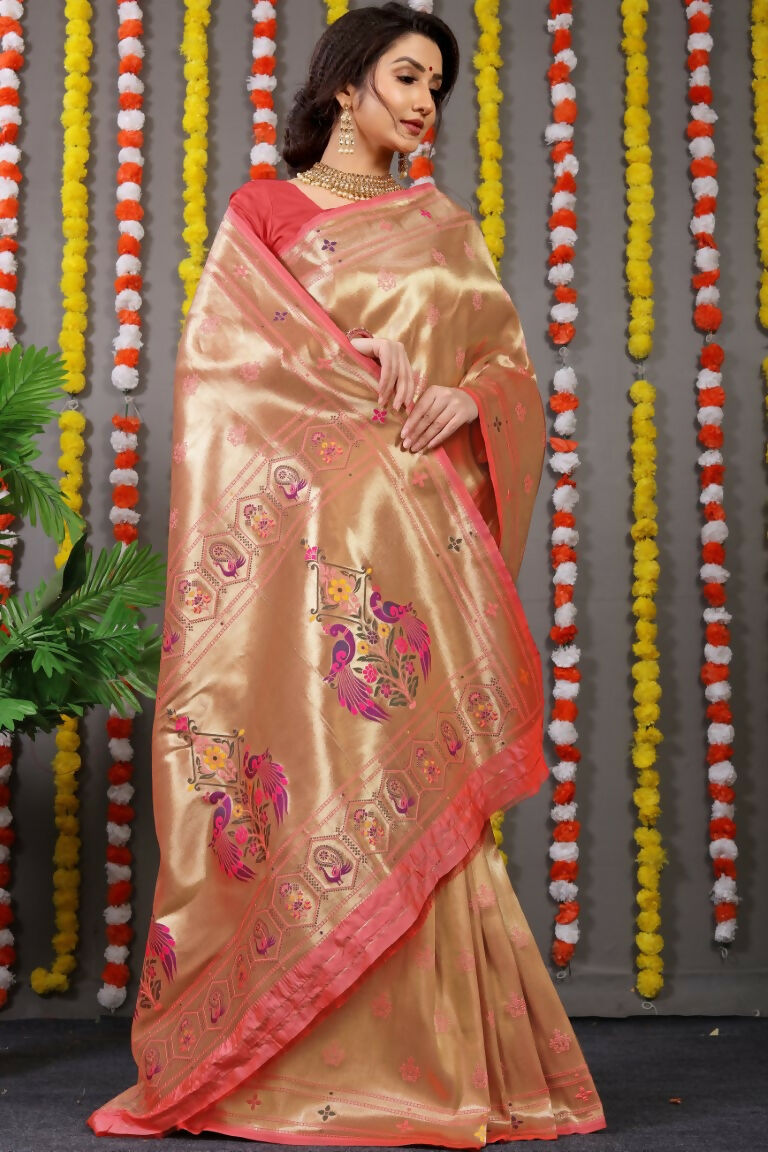 Jyoti Fashion Women's Peach Paithani Silk Zari Woven Saree with Blouse | Grocsy