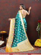 Lorenvalley Fashion Teal Organza Silk Woven Design with Meenakari Weaving Saree | Grocsy