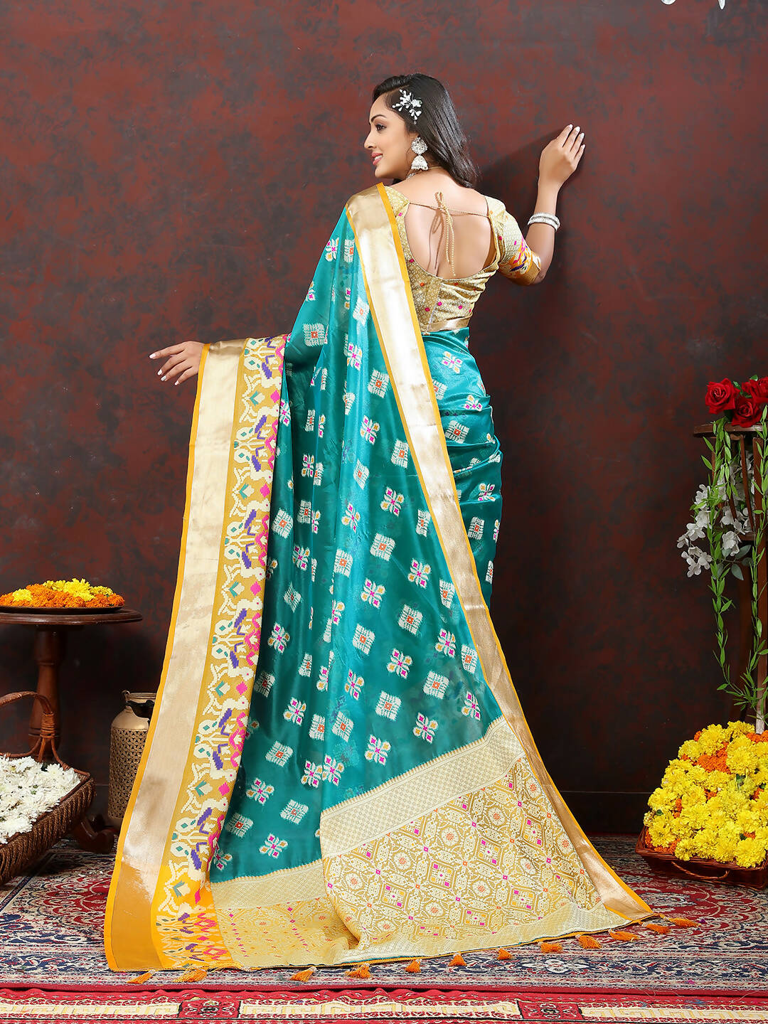 Lorenvalley Fashion Teal Organza Silk Woven Design with Meenakari Weaving Saree | Grocsy