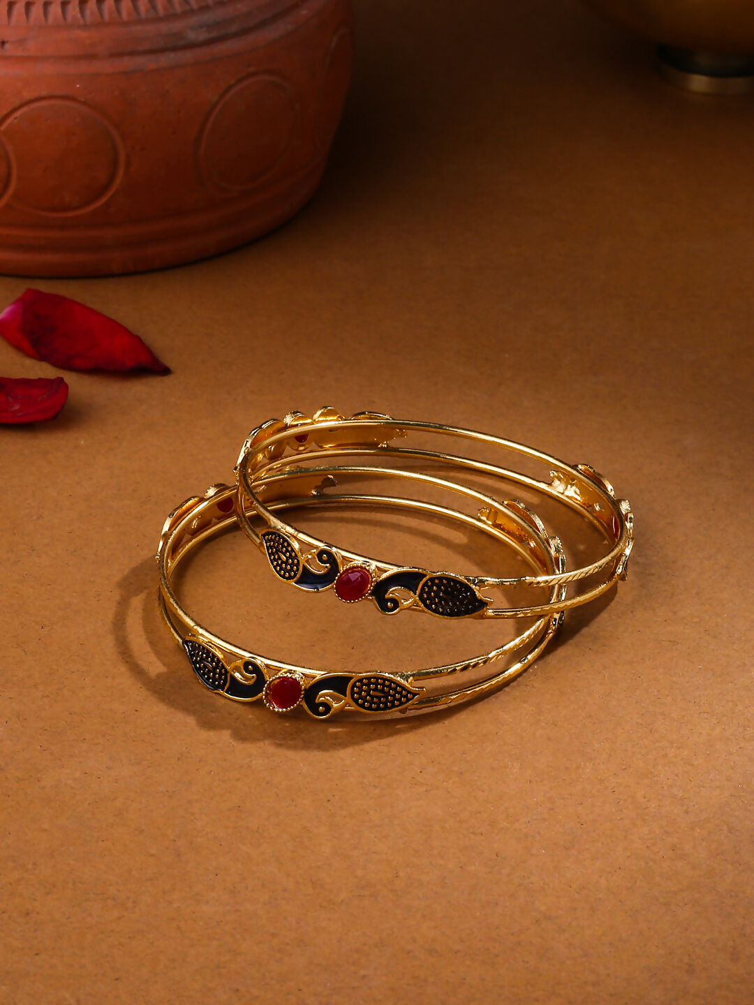 NVR Women Set of 2 Gold-Polished Traditional Daily Use Peacock Design Bangles | Grocsy