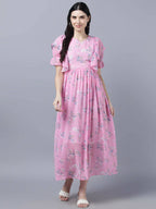 Myshka Women Pink Printed Fit and Flare Dress | Grocsy