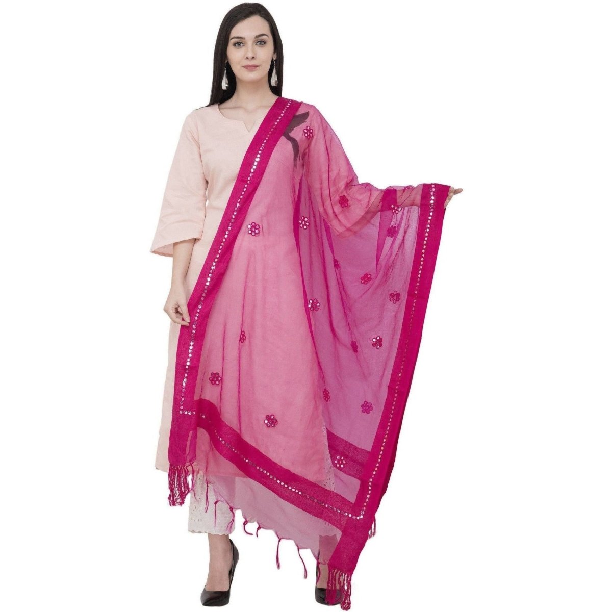 A R Silk Orgenza Flower Mirror Fancy Dupatta Color Rani Dupatta or Chunni | Grocsy