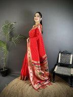 Joban Fashion Red Peacock & Floral Motifs Soft Lichi Silk Kanchipuram Saree | Grocsy