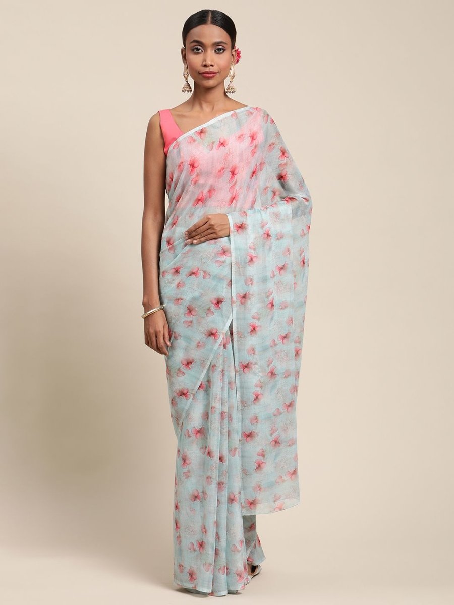 Ahalyaa Women's Summer Blue Chiffon Digital Print Floral Saree | Grocsy