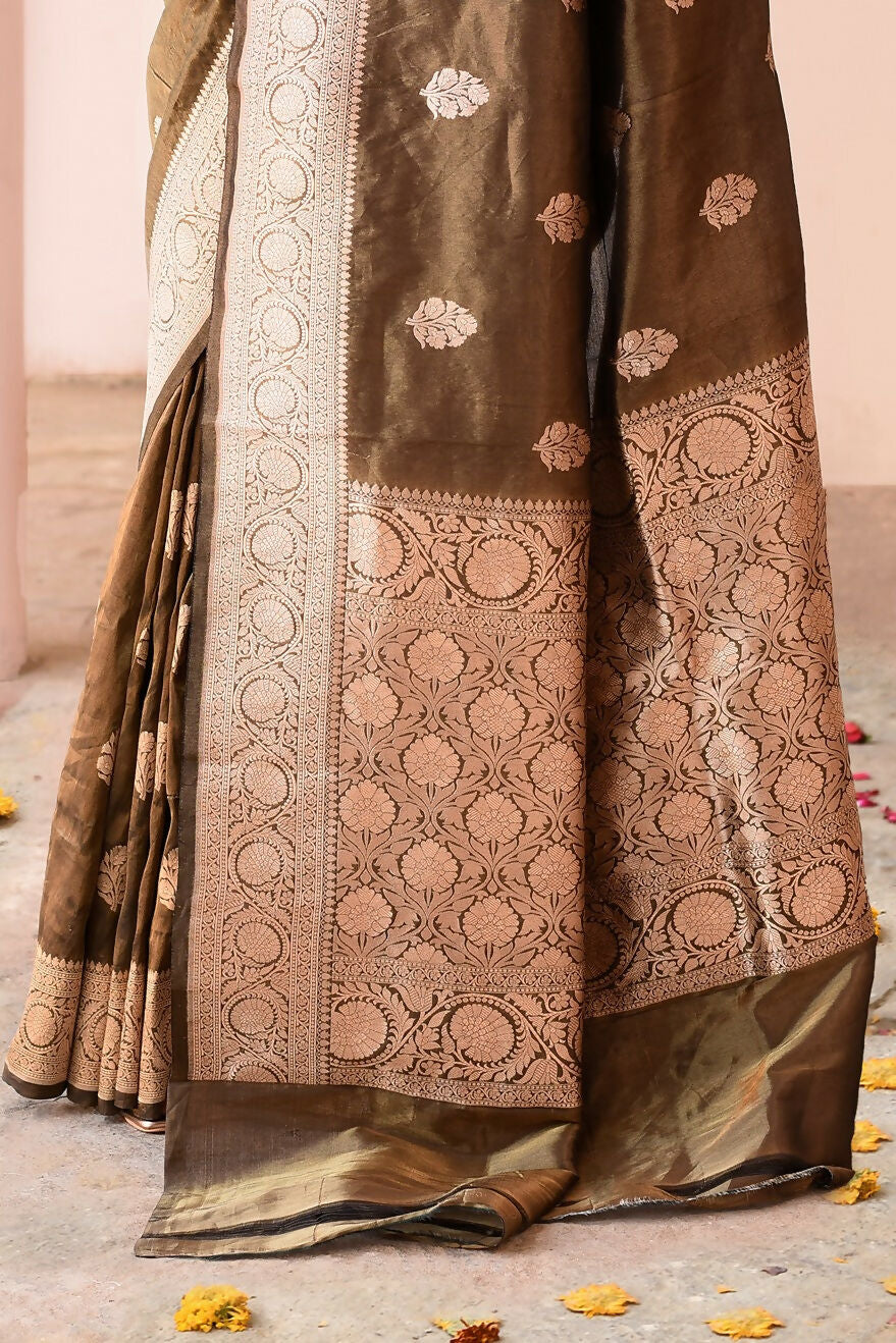 Joban Fashion Olive Green Banarasi Katan Pure Handloom Banarasi Silk Saree | Grocsy