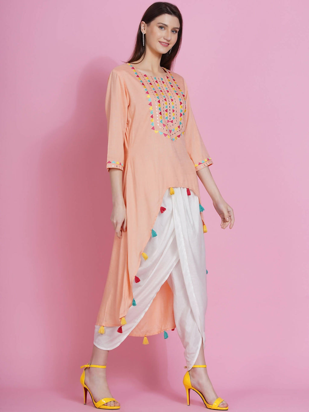 Women Republic Peach Rayon Embroidered Kurta With Mirror Work And Tulip Pants | Grocsy