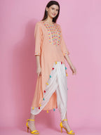 Women Republic Peach Rayon Embroidered Kurta With Mirror Work And Tulip Pants | Grocsy