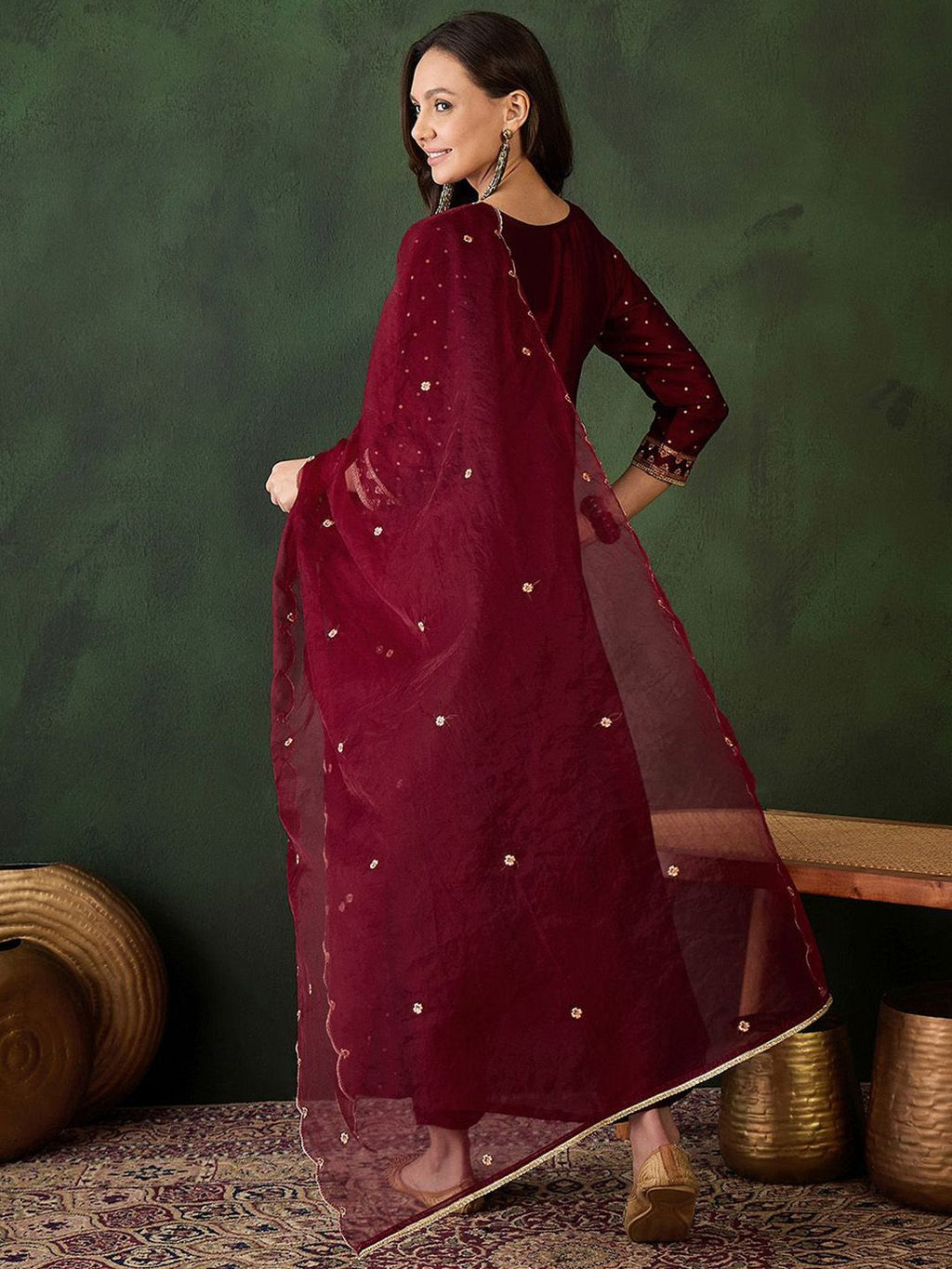 Sangria Geometric Printed Zari & Sequinned A-Line Kurta & Palazzo With Dupatta | Grocsy