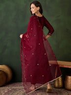 Sangria Geometric Printed Zari & Sequinned A-Line Kurta & Palazzo With Dupatta | Grocsy