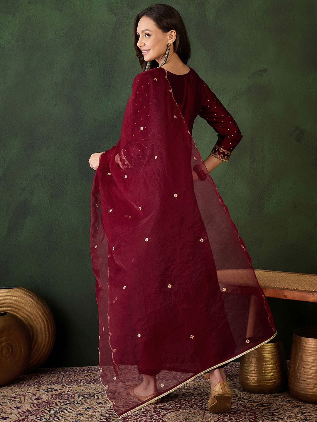 Sangria Geometric Printed Zari & Sequinned A-Line Kurta & Palazzo With Dupatta | Grocsy