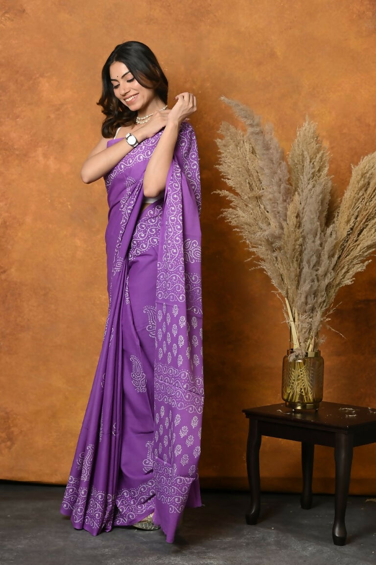 Very Much Indian Handblock Printed Cotton Saree With Natural Dyes - Purple | Grocsy
