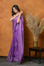 Very Much Indian Handblock Printed Cotton Saree With Natural Dyes - Purple | Grocsy