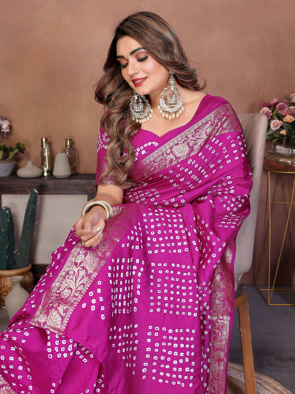 Aastha Fashion Magenta Pure Dola Silk Handmade Original Bandhej Saree | Grocsy