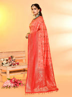 Joban Fashion Peach & Red Plain With Weaving Border Banarasi Silk Sarees | Grocsy